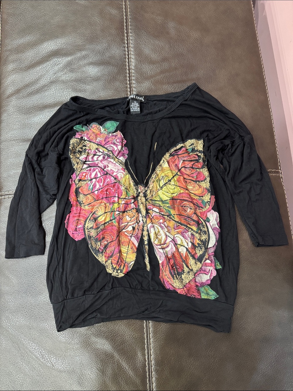 Wet Seal Black Long Sleeve Top with Multicolor Butterfly Floral Print